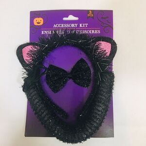 Girls Black Cat Halloween Accessory Kit Headband Tail Bow Dress Up Costume